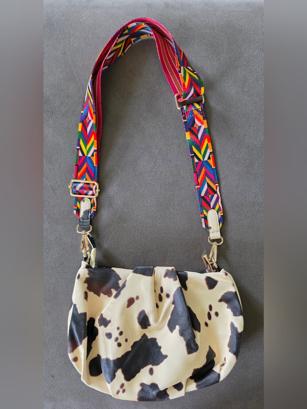 Cow Print Crossbody Bag with Colorful Adjustable Strap